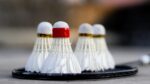 Close up shot of multiple shuttlecocks on a badminton raquet