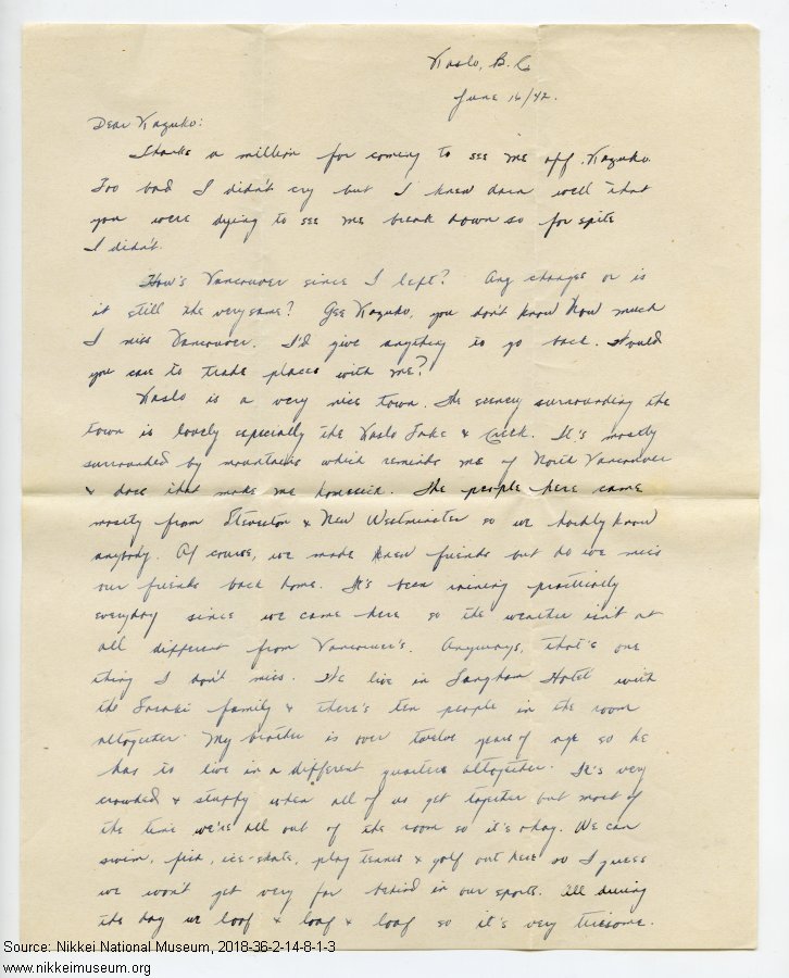 Handwritten Letter from Eiko Nobuoka (Kaslo, BC) to Kazuko Shinobu (Vancouver, BC) ; 16 June 1942.