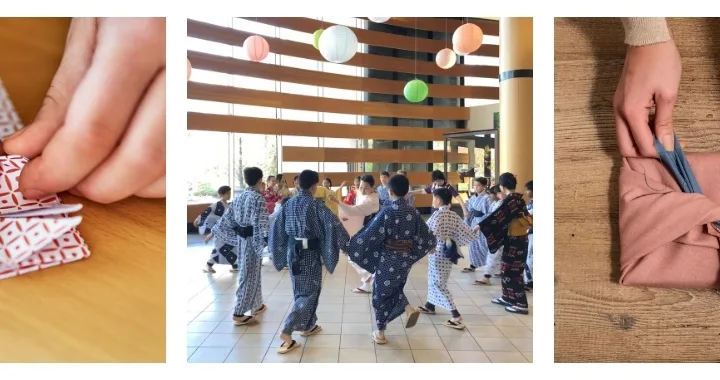Pictures of folding origami and furoshiki, and a picture of children dressed in yukata dancing in the lobby with instructors.