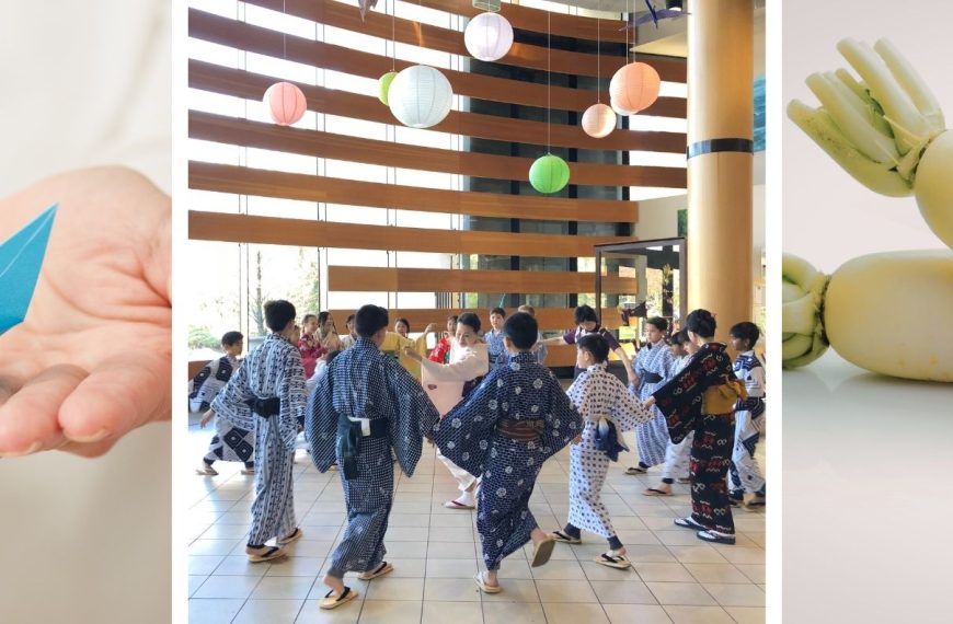 Pictures of folding origami, children dressed in yukata dancing in the lobby with instructors, and daikon.