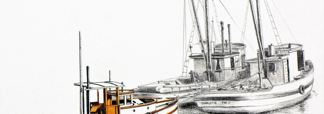 Two Japanese Canadian fishing boats being towed away, one that has sustained damage from the towing that is causing it to sink.