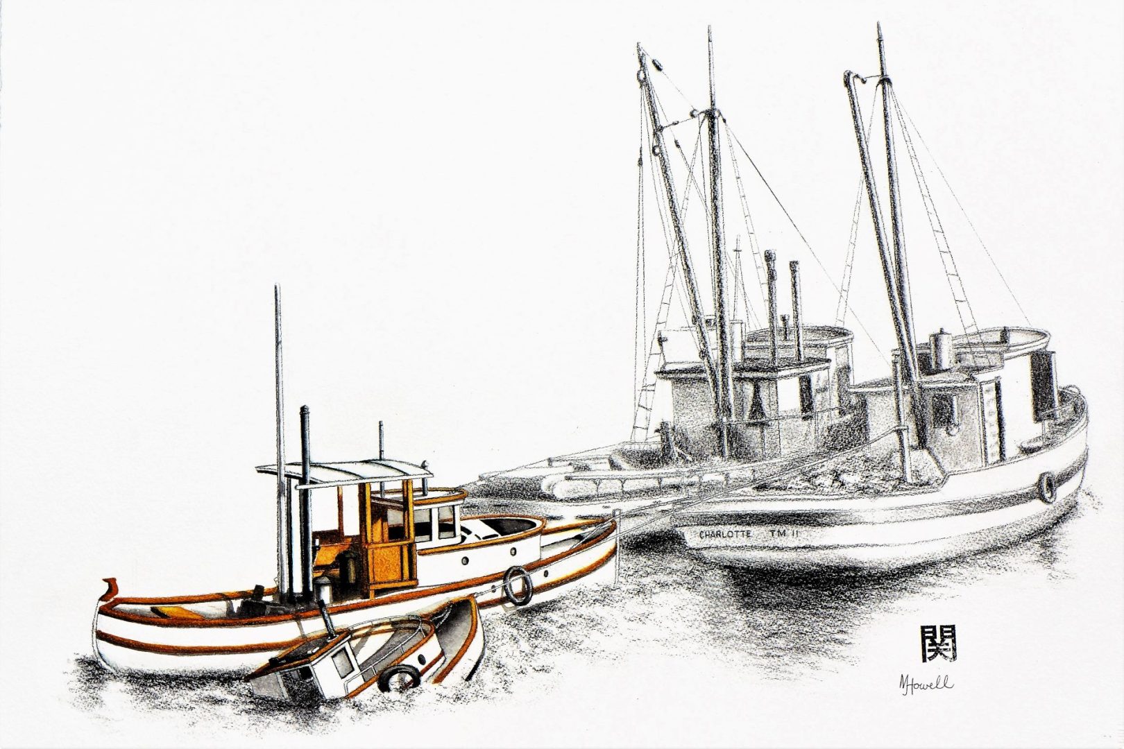 Two Japanese Canadian fishing boats being towed away, one that has sustained damage from the towing that is causing it to sink.