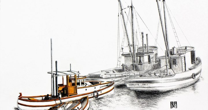 Two Japanese Canadian fishing boats being towed away, one that has sustained damage from the towing that is causing it to sink.
