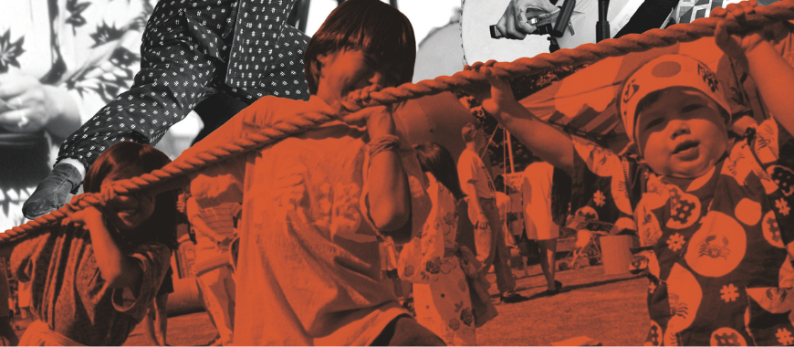 Collage of children in traditional Japanese attire participating in a tug-of-war at a summer festival, featuring a bold orange duotone overlay.