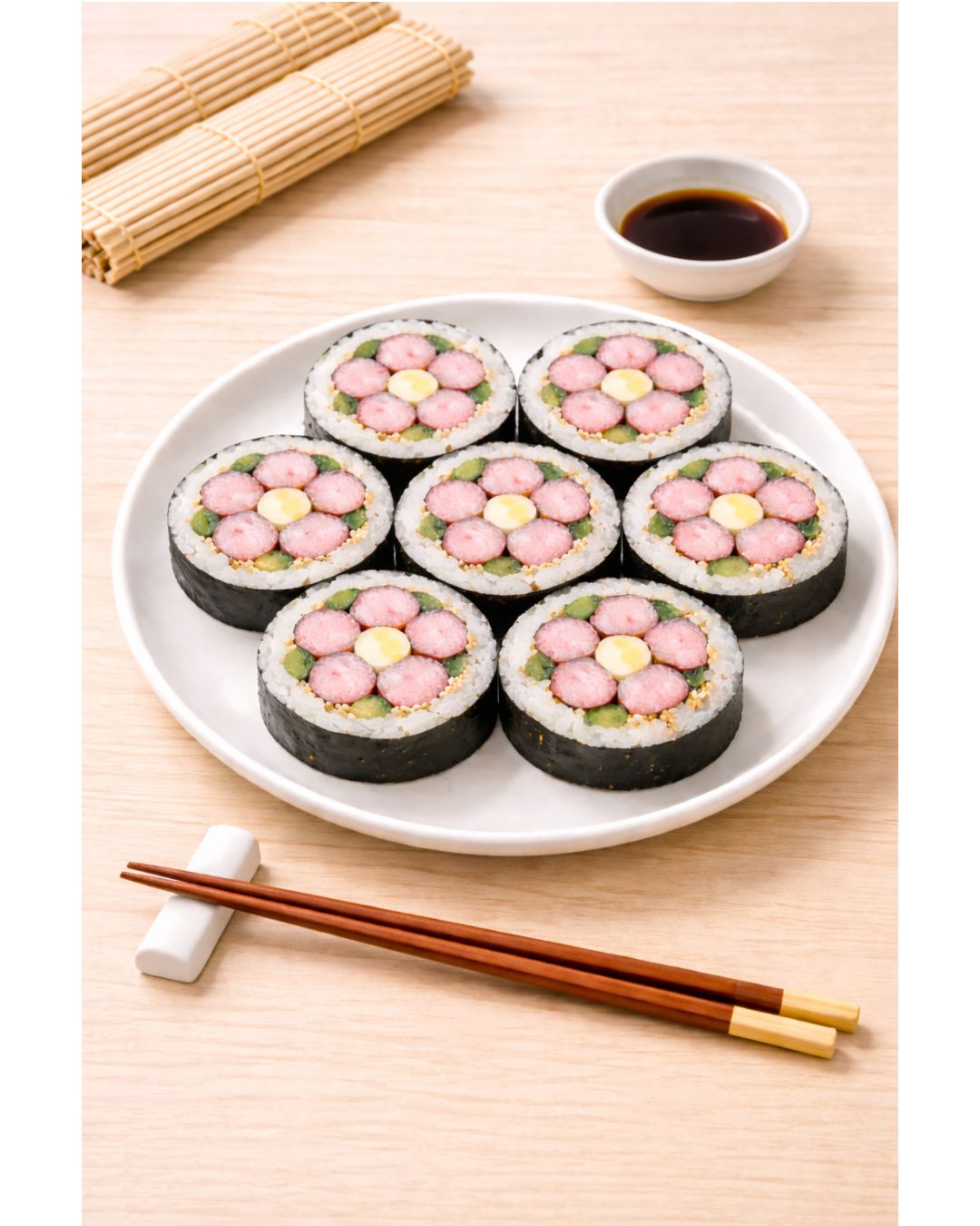 Seven pieces of futomaki sushi made to look like cherry blossoms make with rice, something pink and green and white wrapped in black seaweed.