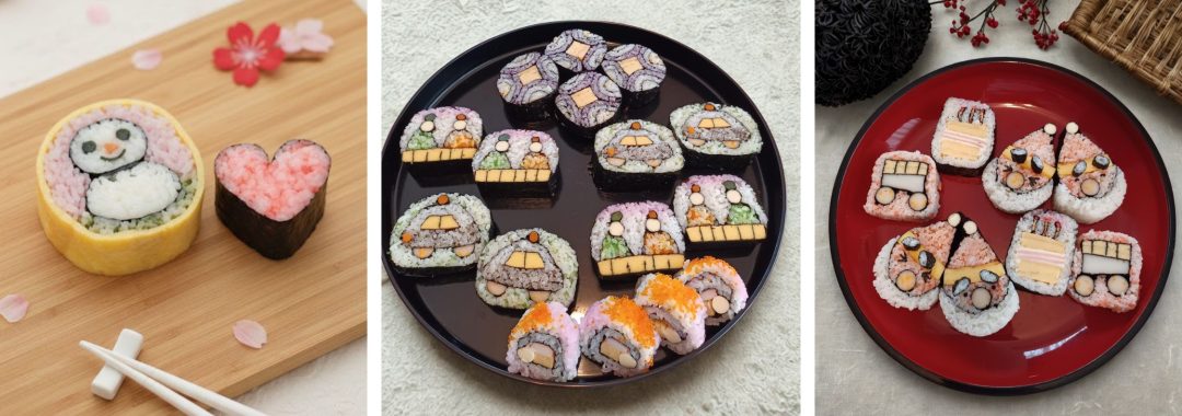 Plates of art sushi in the shapes of a snowman, hina dolls, and christmas.