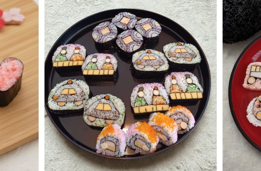 Plates of art sushi in the shapes of a snowman, hina dolls, and christmas.