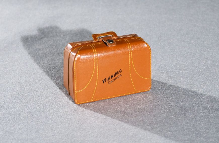 Tiny brown leather suitcase with Winnipeg, Canada in black letters photographed ethafoam with a long shadow.