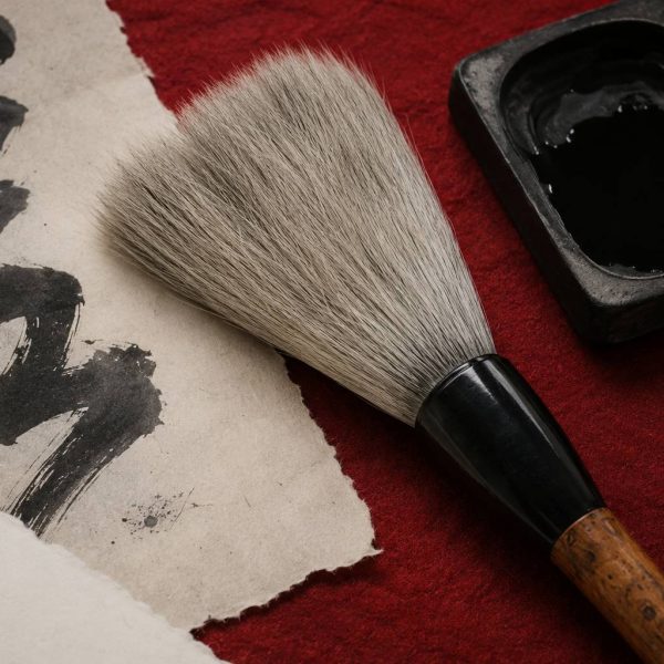 A close-up shot of Japanese calligraphy tools on a red mat, featuring a large brush, an inkstone filled with black ink, and a piece of textured paper with a bold calligraphy stroke.