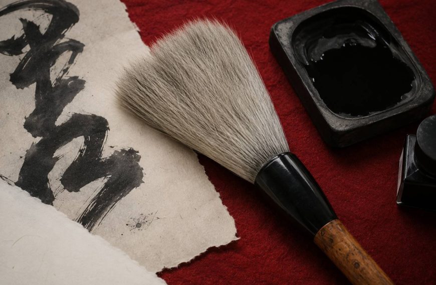 A close-up shot of Japanese calligraphy tools on a red mat, featuring a large brush, an inkstone filled with black ink, and a piece of textured paper with a bold calligraphy stroke.