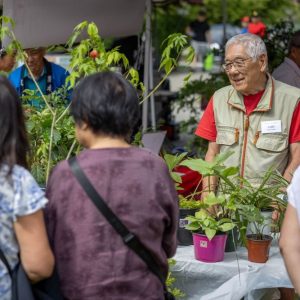 An elderly man wearing a vest and a name tag smiles while chatting with customers at an outdoor plant market stall filled with potted greenery.
