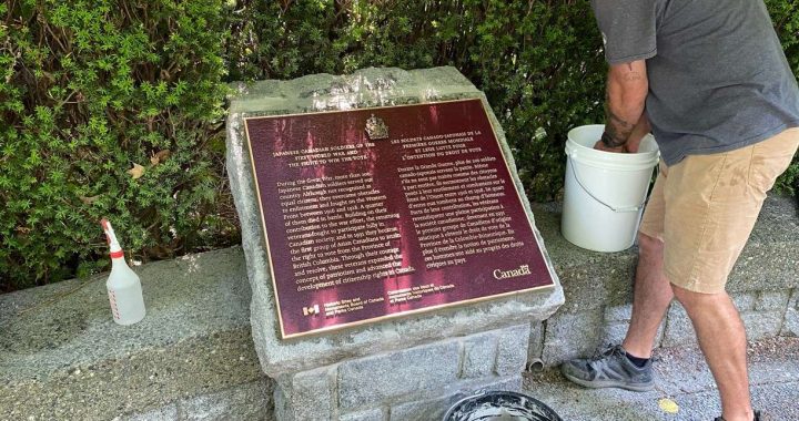 A man leaning down to wash a bronze Japanese Canadian Soldiers historical plaque set in stone outdoors.