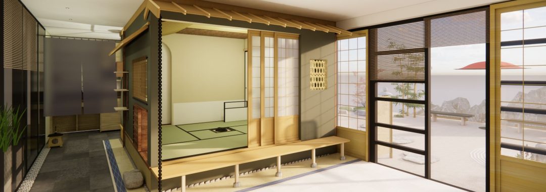 A 3D architectural rendering of a traditional Japanese tea house structure built inside a bright modern room, featuring sliding shoji screen doors, tatami mat flooring, and large glass windows overlooking a zen garden.