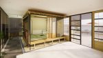 A 3D architectural rendering of a traditional Japanese tea house structure built inside a bright modern room, featuring sliding shoji screen doors, tatami mat flooring, and large glass windows overlooking a zen garden.