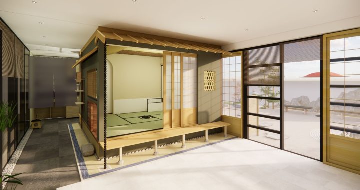 A 3D architectural rendering of a traditional Japanese tea house structure built inside a bright modern room, featuring sliding shoji screen doors, tatami mat flooring, and large glass windows overlooking a zen garden.