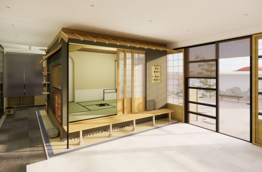 A 3D architectural rendering of a traditional Japanese tea house structure built inside a bright modern room, featuring sliding shoji screen doors, tatami mat flooring, and large glass windows overlooking a zen garden.
