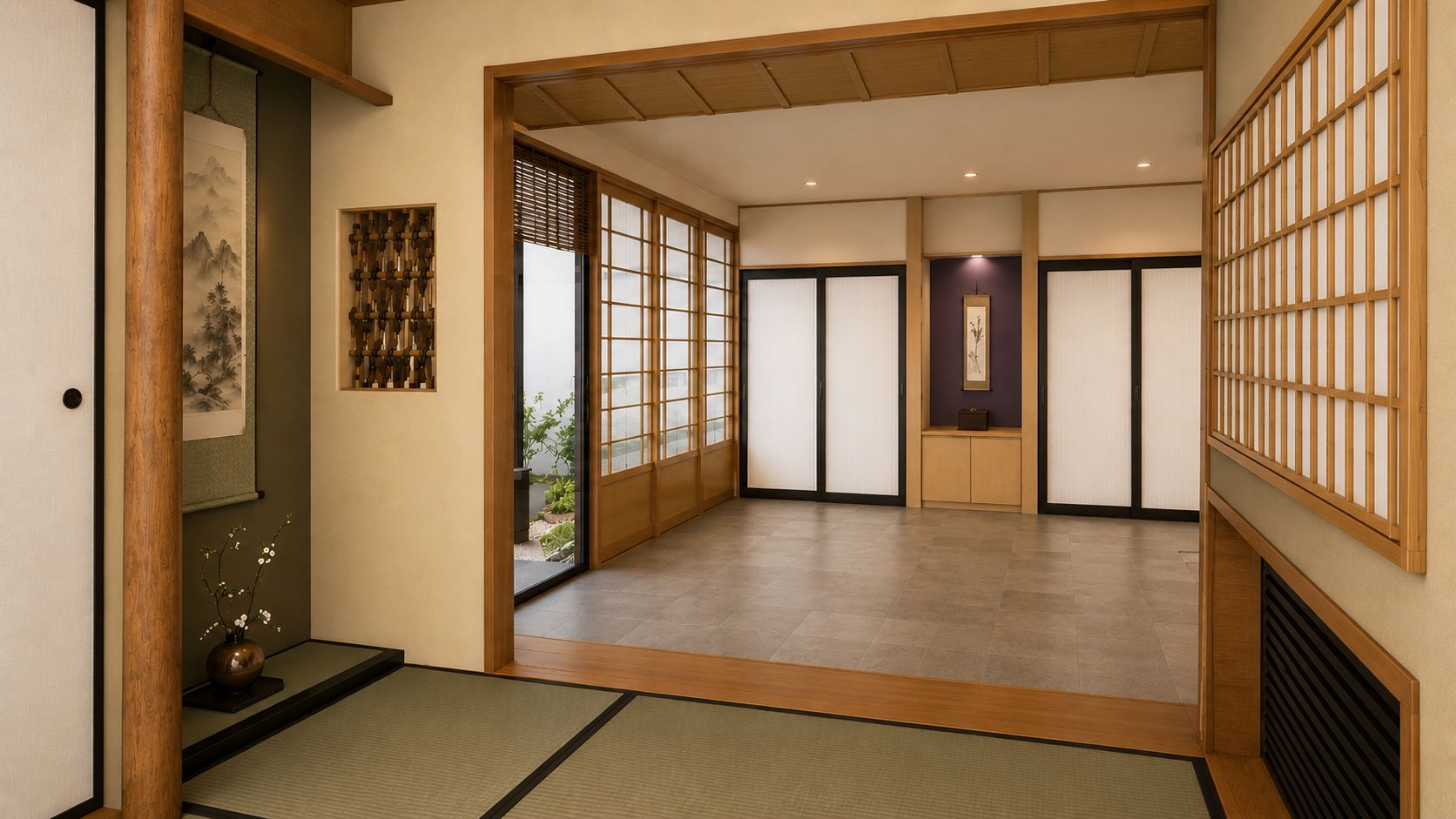 Traditional Japanese tearoom interior featuring tatami flooring, a tokonoma alcove with an ink scroll, and shoji screen doors opening into an adjacent room.