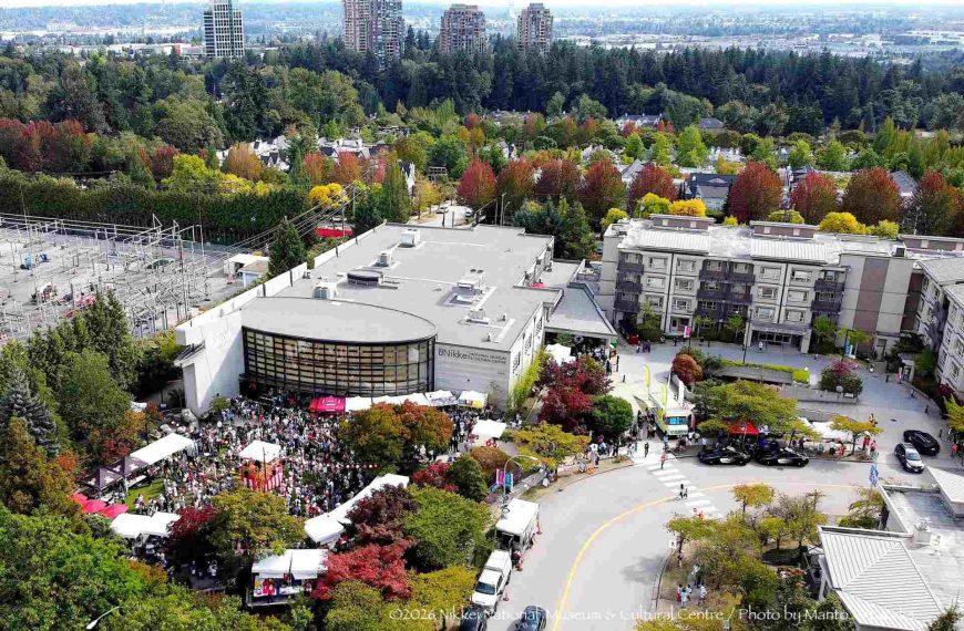 Nikkei Centre building from a birds eye view with autumn foliage in the background.