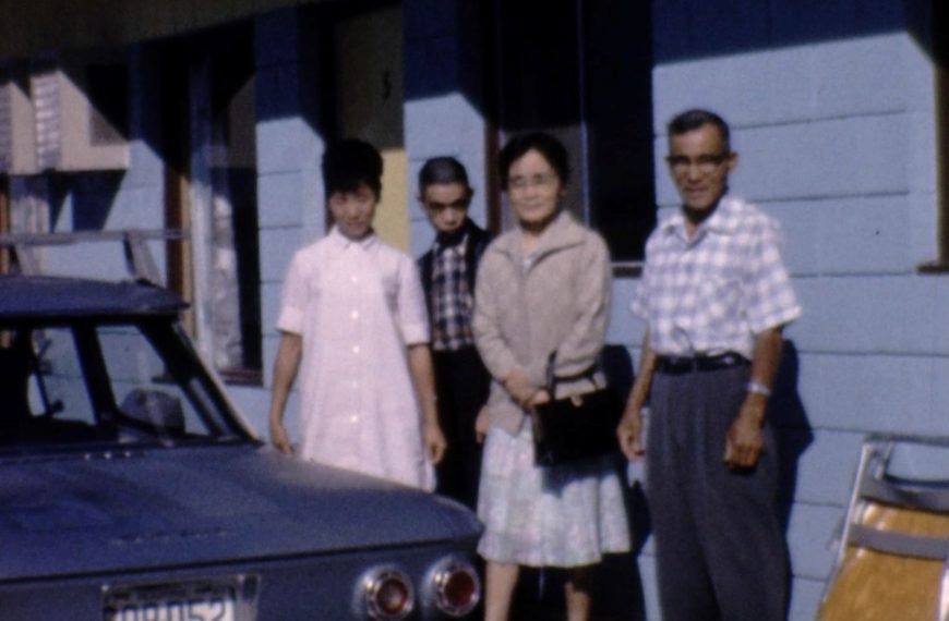 Teruko, Masayuki, Yukiye and Yonezo Uyeda on a family road trip in Washington state, 1969. Still from 1968 July 1st Winter - 1969 Spokan July 1st; 1968-1969. Uyeda Family of Nakusp collection. NNMCC 2025.1.8.1.17.